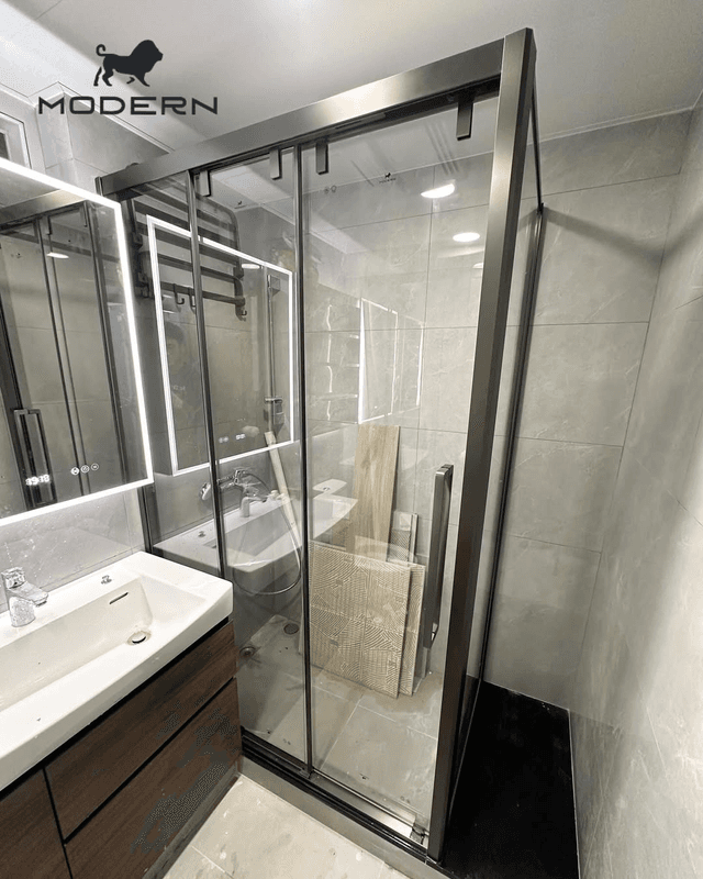 304不鏽鋼極窄邊框三趟門浴屏 ( 一梗兩趟)L型